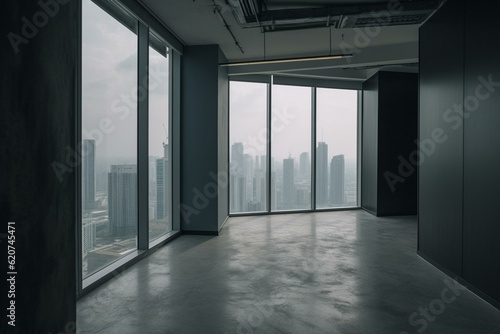 Empty office wall with city view. Modern and minimalistic. Generative AI