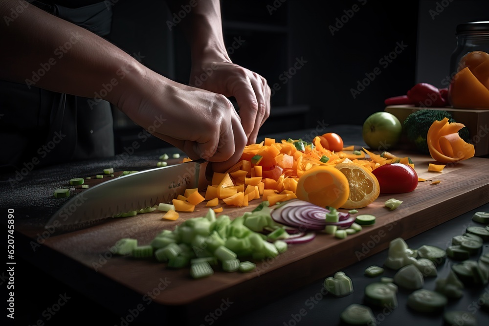 Man cut lots of cvegetables, prepare ingredient for making food in the kitchen. Male uses organic vegetable for healthy food at home. Lifestyle women making food concept. Generative AI