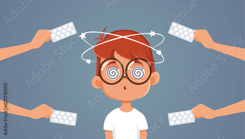 Sick Dizzy Child Receiving Medication and Treatment Vector Cartoon. Nauseated boy taking the proper vertigo medicine in a clinic 
