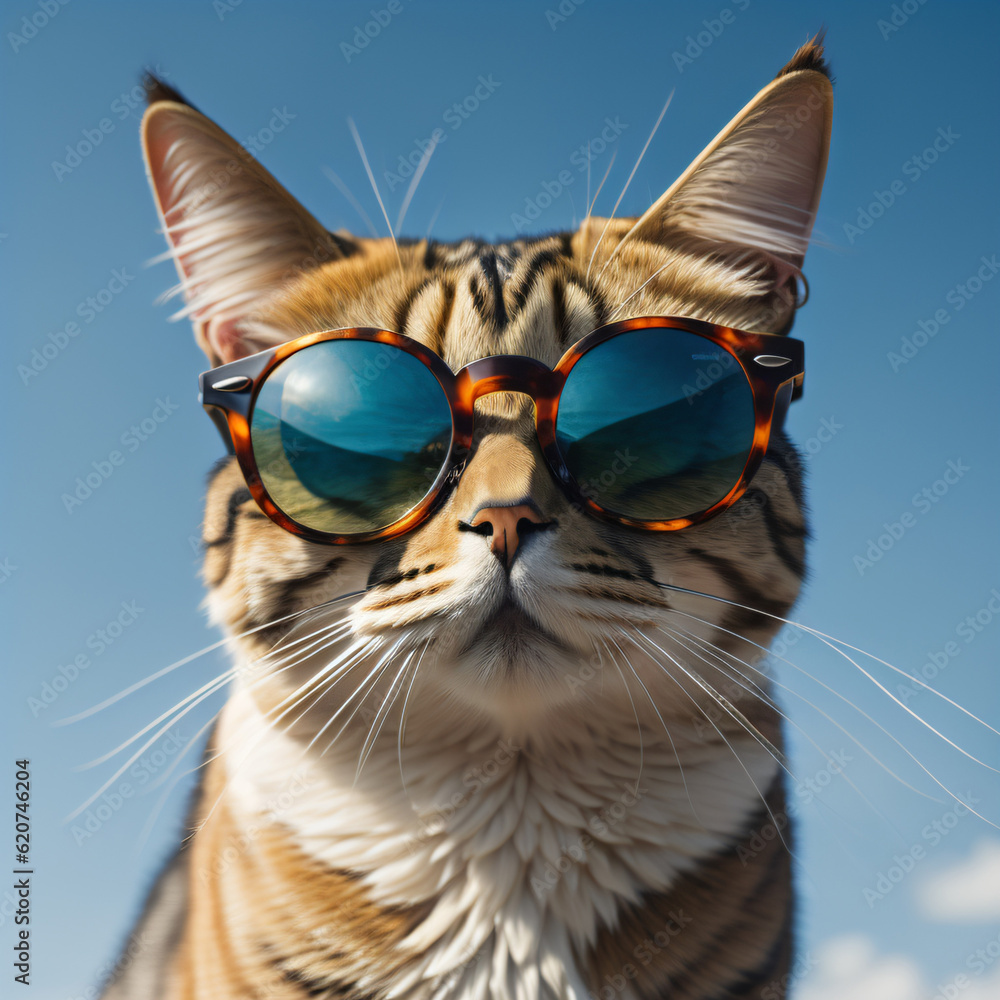 Cool cat wearing sunglasses against a blue sky in summer.