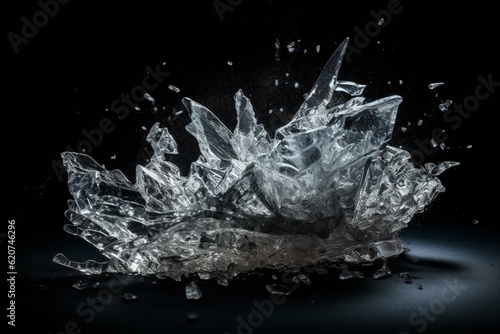 Crushed ice shattering on black background. Icy shards spew outwards explosively. Generative AI