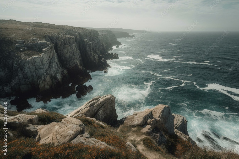 View of Ortigueira's coastal cliffs and the Atlantic in Galicia, Spain. Generative AI