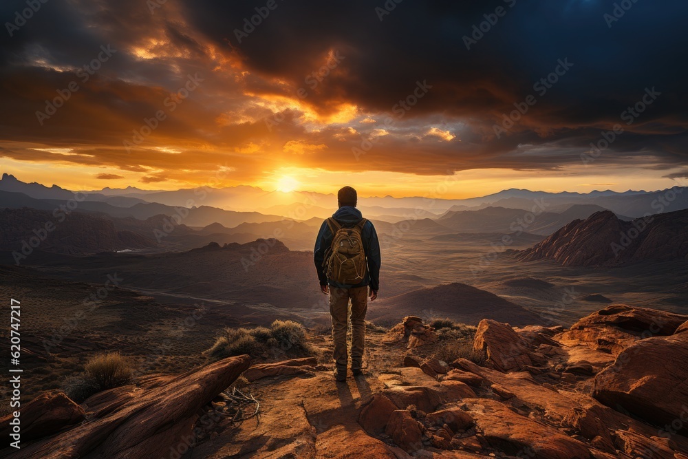 A hiker standing on a mountain peak at sunset. Generative AI