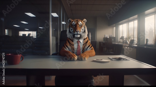 tiger wearing formal business suit like a boss in the office: corporate Excellence Personified! Business concept, CEO, accountant, lawyer, writer, teacher, guru, executive. generative ai