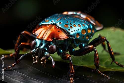 Macro shot of an exotic insect on a leaf, the intricate patterns on its body and the fine details. Generative AI