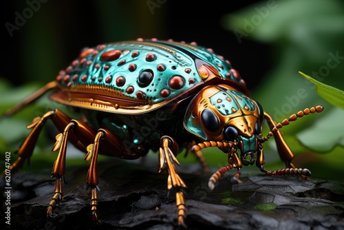 Macro shot of an exotic insect on a leaf, the intricate patterns on its body and the fine details. Generative AI © GMZ