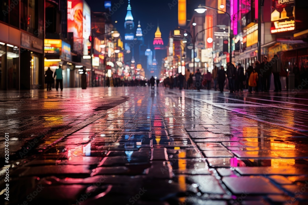 A bustling city nightlife, neon signs in vibrant colors. Generative AI