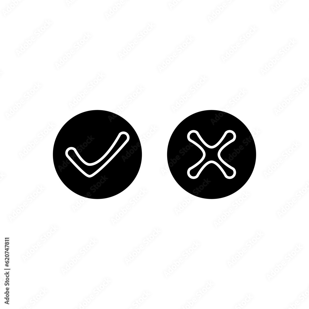 Check and cross icon in black fill silhouette mode, unique vector illustration in trendy style. Editable graphic resources for many purposes. Check and cross icon in black fill silhouette mode, unique vector illustration in trendy style. Editable graphic resources for many purposes.