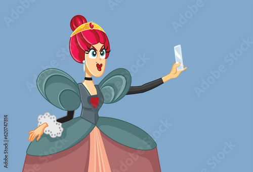 Vain Evil Fairytale Queen Taking a Selfie Funny Vector Cartoon Illustration. Self-centered villain woman feeling confident and self-obsessed 
