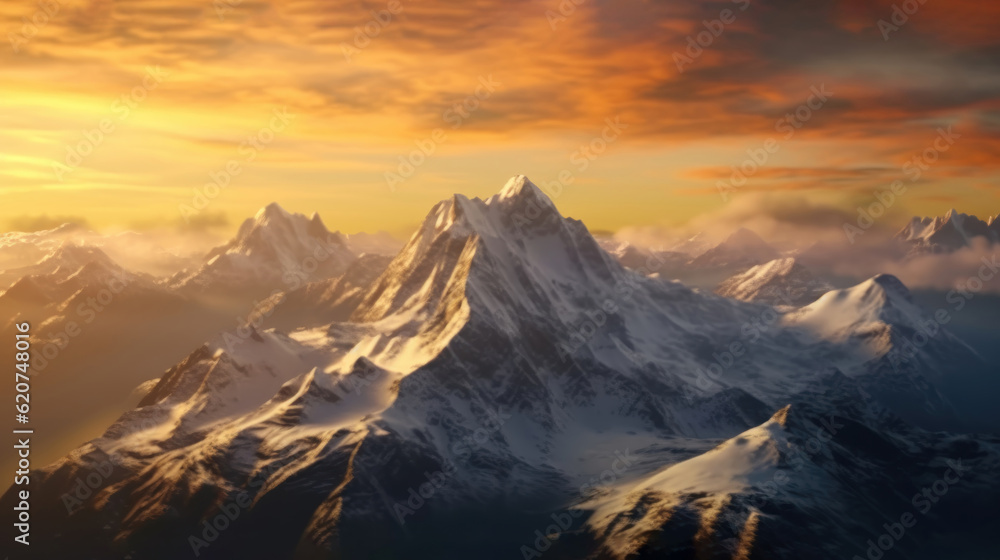 Sunrise over snowcapped peaks in beautiful mountain landscape art AI Generated