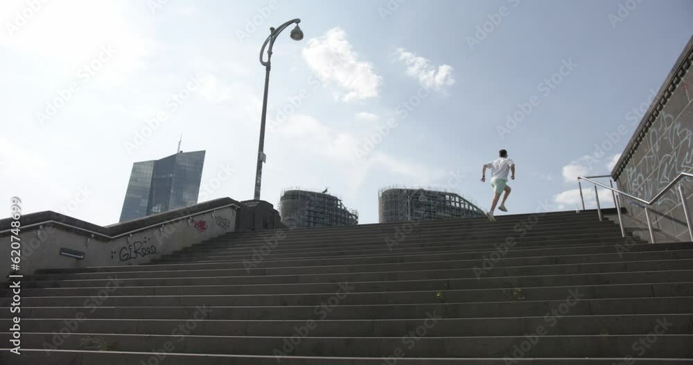 an athlete goes running, jogging on a bridge on stairs on the Main in Frankfurt an athlete goes running, jogging on a bridge on stairs on the Main in Frankfurt
