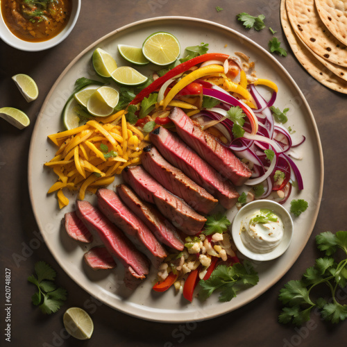 marinated strips of steak or chicken, sautéed bell peppers, and onions, accompanied by warm tortillas, sour cream, guacamole, and salsa