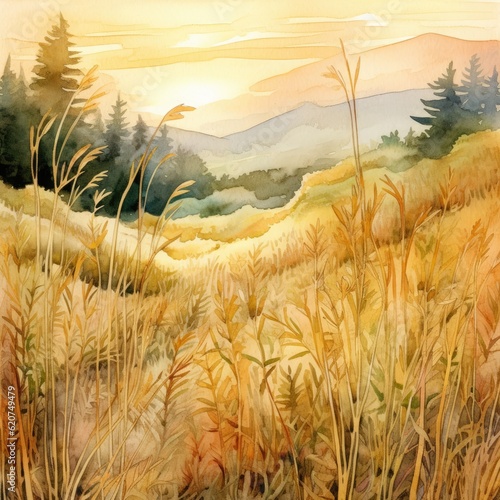 Watercolor grass field in the middle of the hill