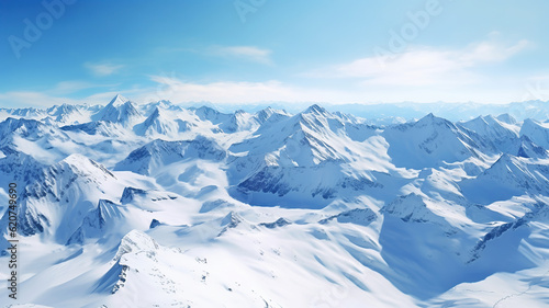 Panoramic View of Snow-capped Peaks and Alpine Valleys from a Glider. Generative Ai © PRI