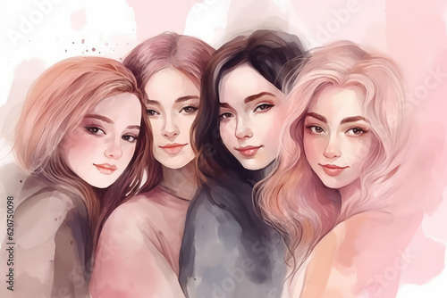 Happy women group for International Women’s day banner , watercolor style illustration, generative AI