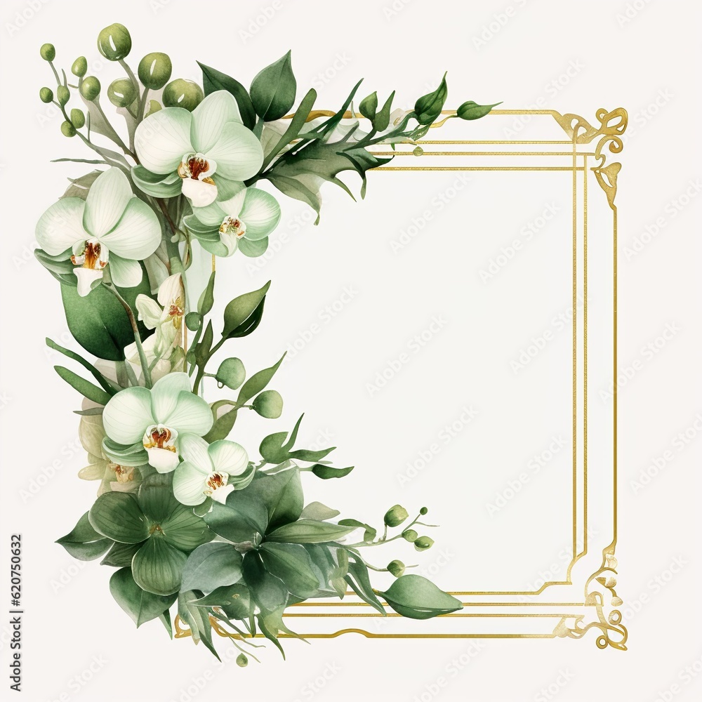 Fototapeta premium Watercolor frame for design with flowers and leaves, AI generation 