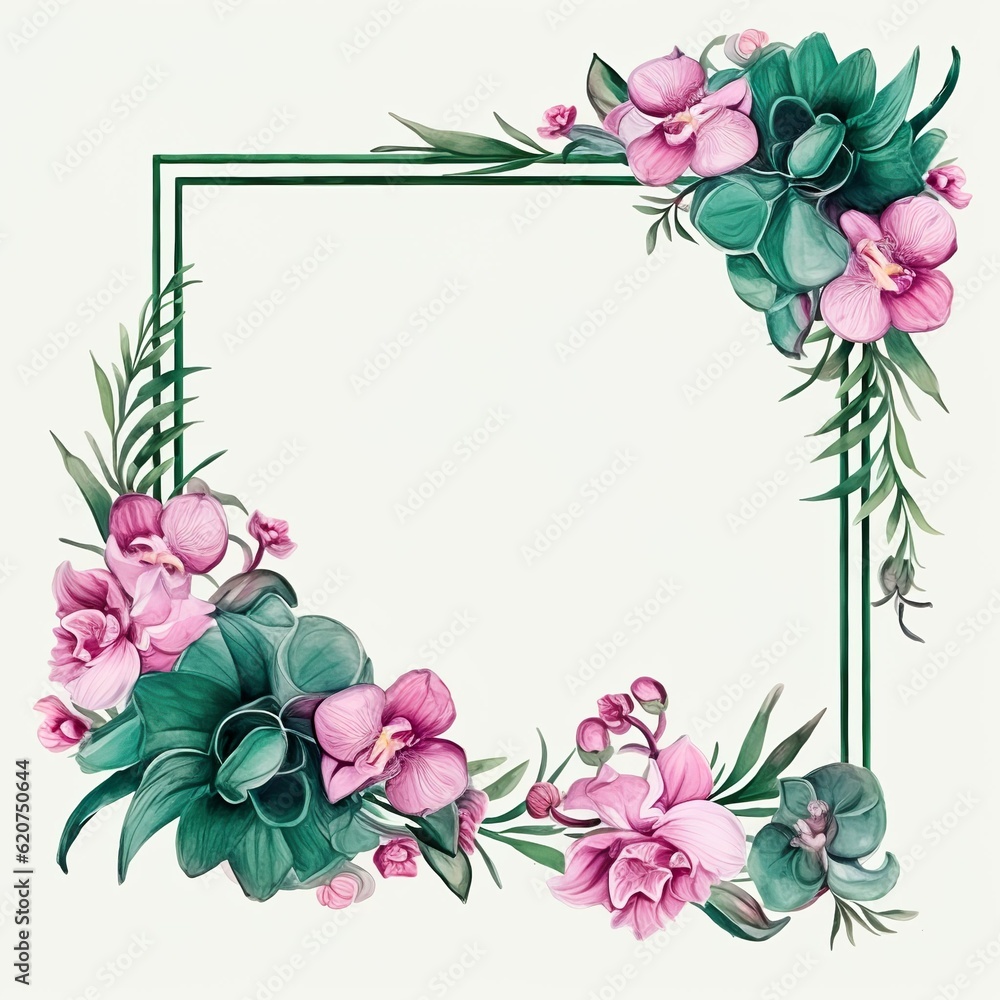 Watercolor frame for design with flowers and leaves, AI generation 