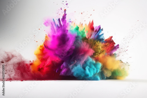 A colorful explosion of powder on a white background creates an abstract and creative design that is both festive and playful. This image is AI generative.