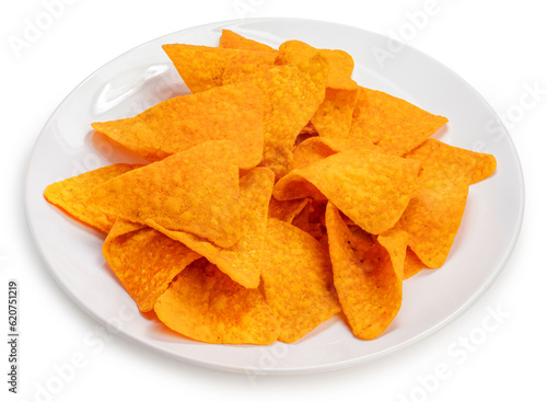 Crispy nachos in white plate isolated on white, Corn chips on white With clipping path.