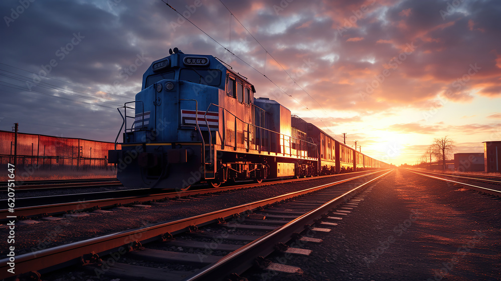 Fototapeta premium train passing by in front of the railroad tracks at sunrise. Generative Ai