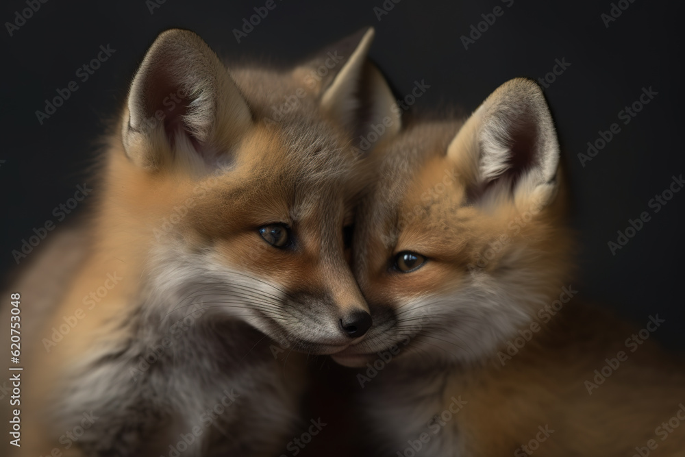 Image of two baby foxs cubs cuddle together. Wildlife Animals. Illustration, Generative AI. Image of two baby foxs cubs cuddle together. Wildlife Animals. Illustration, Generative AI.