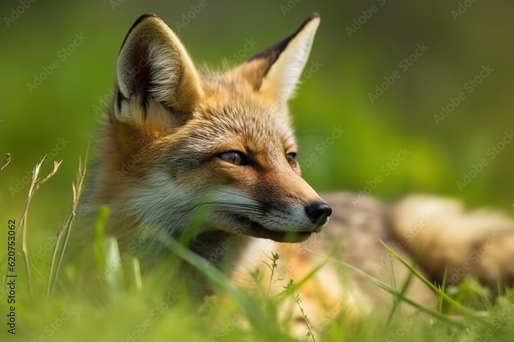 Image of fox resting on green pasture grass on summer. Wildlife Animals. Illustration. Generative AI.