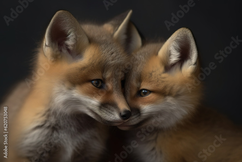 Image of two baby foxs cubs cuddle together. Wildlife Animals. Illustration, Generative AI.