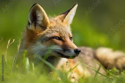Image of fox resting on green pasture grass on summer. Wildlife Animals. Illustration. Generative AI. © yod67