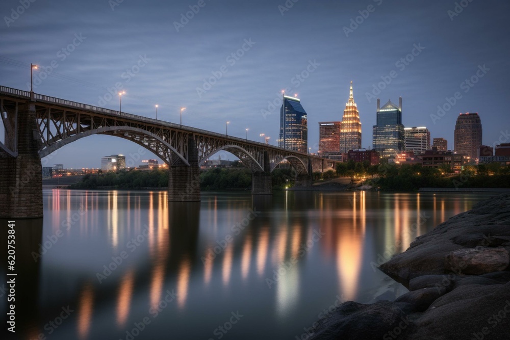 Cityscape of Nashville with bridge and buildings at twilight. Generative AI