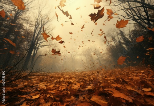 Dead leaves falling from trees in autumn