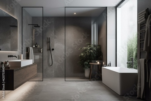 Valokuva Minimalist grey stone bathroom with shower and toilet