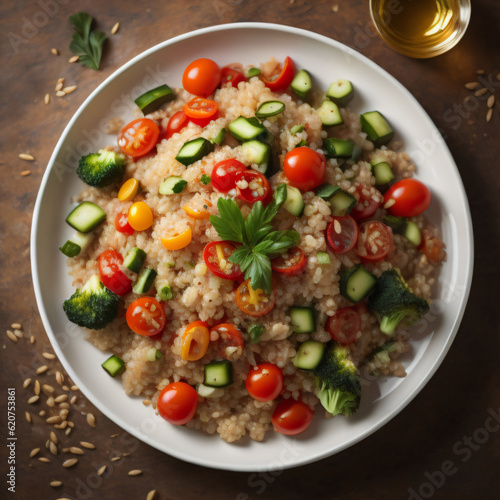 A nourishing quinoa salad, featuring a vibrant mix of cooked quinoa, fresh vegetables such as cherry tomatoes, cucumber, bell peppers