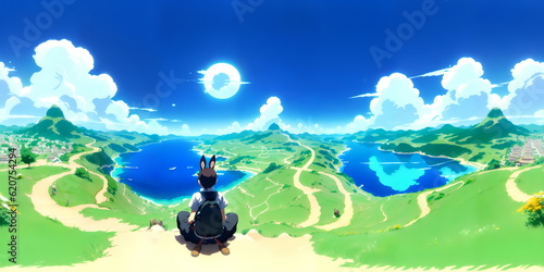 anime - style image of a man sitting on a hill overlooking a lake, ori and the blind forest, with big rabbit ears, rising planet, 8 k character details, where everyone is an npc, anime key visual. photo