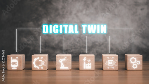 Digital twin business and industrial process modelling, Wooden block on desk with digital twin icon on virtual screen, innovation and optimisation