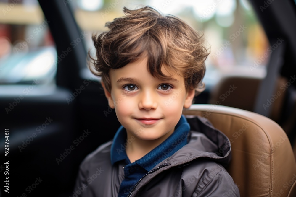Smiling cute little boy looking at the camera sitting in his mom minivan before going back to school on his first day of school
