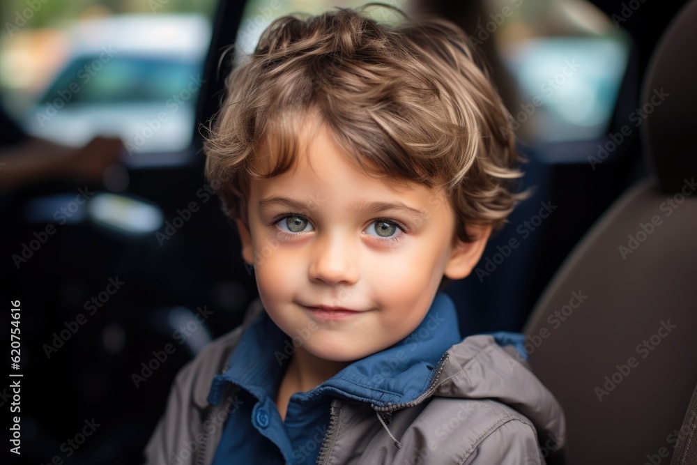 Smiling cute little boy looking at the camera sitting in his mom minivan before going back to school on his first day of school Smiling cute little boy looking at the camera sitting in his mom minivan before going back to school on his first day of school