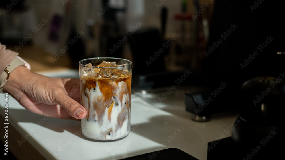 Coffee in a glass on the counter of a coffee shop Coffee in a glass on the counter of a coffee shop