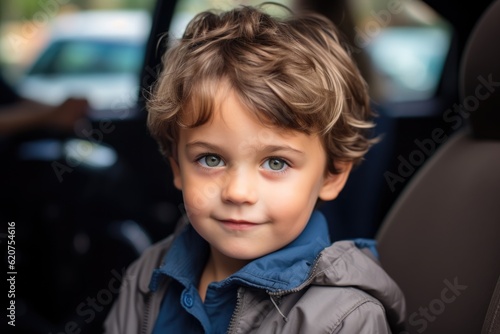 Smiling cute little boy looking at the camera sitting in his mom minivan before going back to school on his first day of school