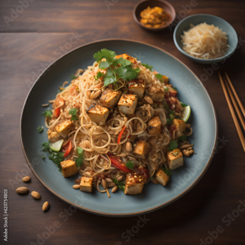 A delicious plate of Pad Thai, featuring stir-fried rice noodles tossed with succulent shrimp, crispy tofu, bean sprouts, peanuts, and a tangy sauce