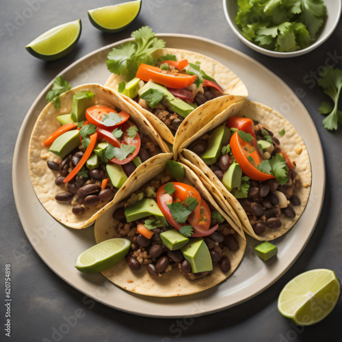 Wholesome black bean tacos, showcasing soft tortillas filled with seasoned black beans, crisp lettuce, diced tomatoes, avocado slices, and a dollop of creamy salsa