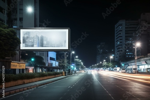 Night time Bangkok cityscape background with blank white street billboard for marketing communication and selling. 3D rendered mockup. Generative AI