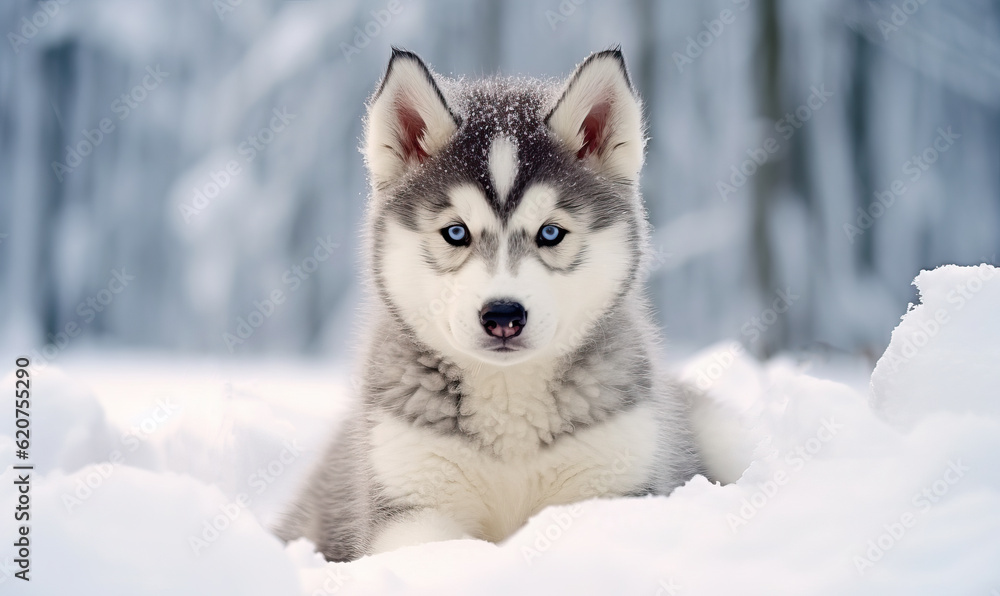 Husky Puppy, a Playful Pet, Sitting Serenely in the Beauty of Fresh Snow.