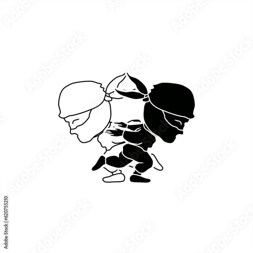 silhouette and line art illustration of two little ninjas running fast past each other