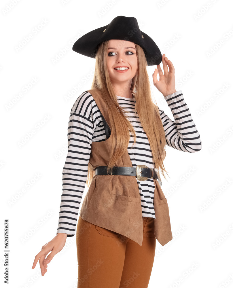 Beautiful female pirate on white background Beautiful female pirate on white background