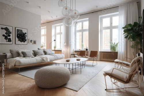 Interior design of modern scandinavian apartment, generative AI