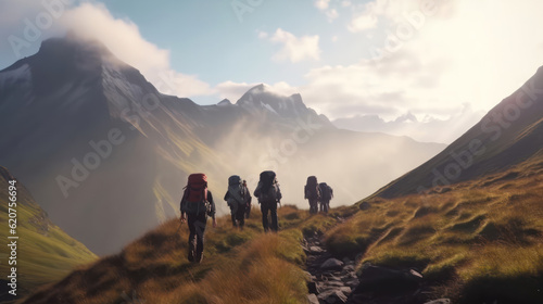 Group of hikers walks in mountains at early morning 
