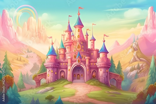 A fairy tale castle scene with knights and dragons for a children's birthday party,. Generative AI