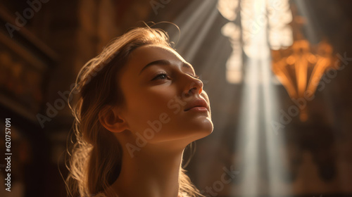 Young woman praying to god in church