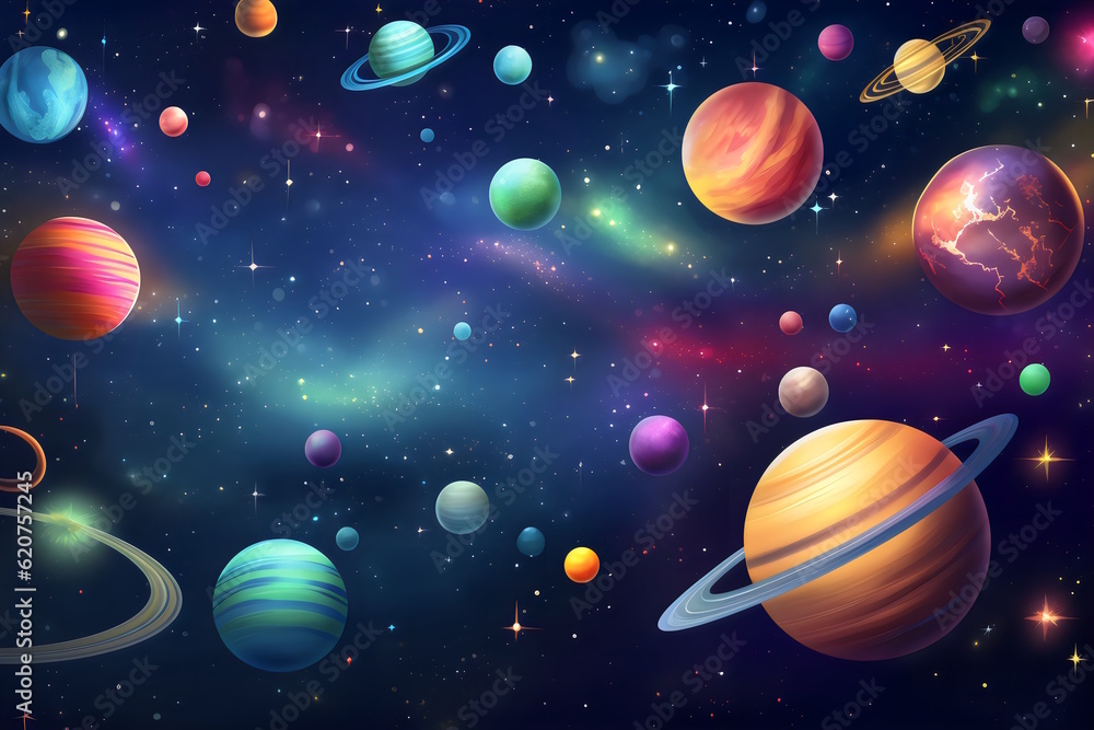 Starry Space Poster with a Dreamy and Beautiful Space-Themed Background, Filled with Planets and Sparkling Stars, Setting the Stage for an Unforgettable Kids' Party. Generative AI