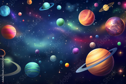 Starry Space Poster with a Dreamy and Beautiful Space-Themed Background  Filled with Planets and Sparkling Stars  Setting the Stage for an Unforgettable Kids  Party. Generative AI